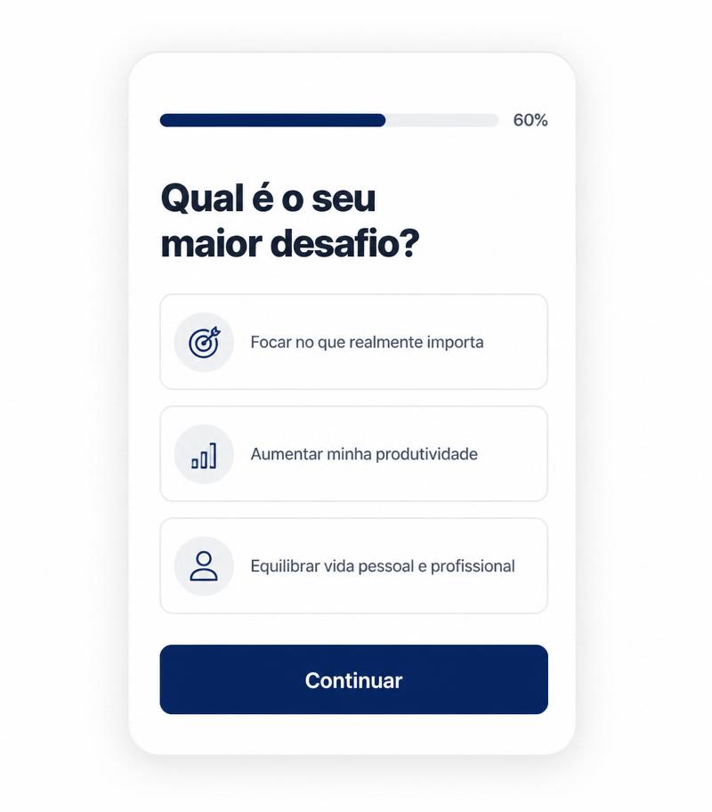 Interface de landing page com quiz e barra de progresso